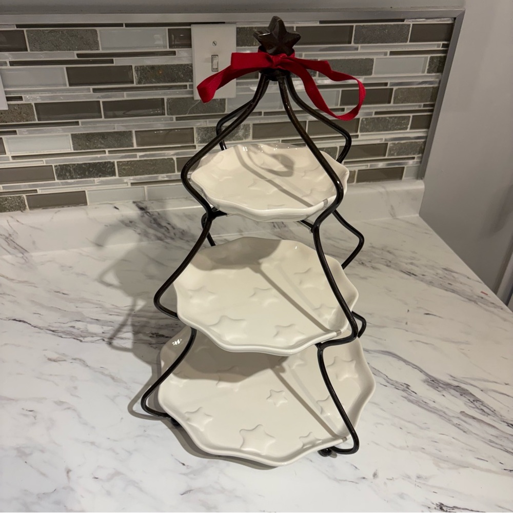 Princess House 3 Tier Christmas Tree Serving Tray white star embossed plates - Picture 4 of 15